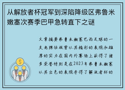 从解放者杯冠军到深陷降级区弗鲁米嫩塞次赛季巴甲急转直下之谜